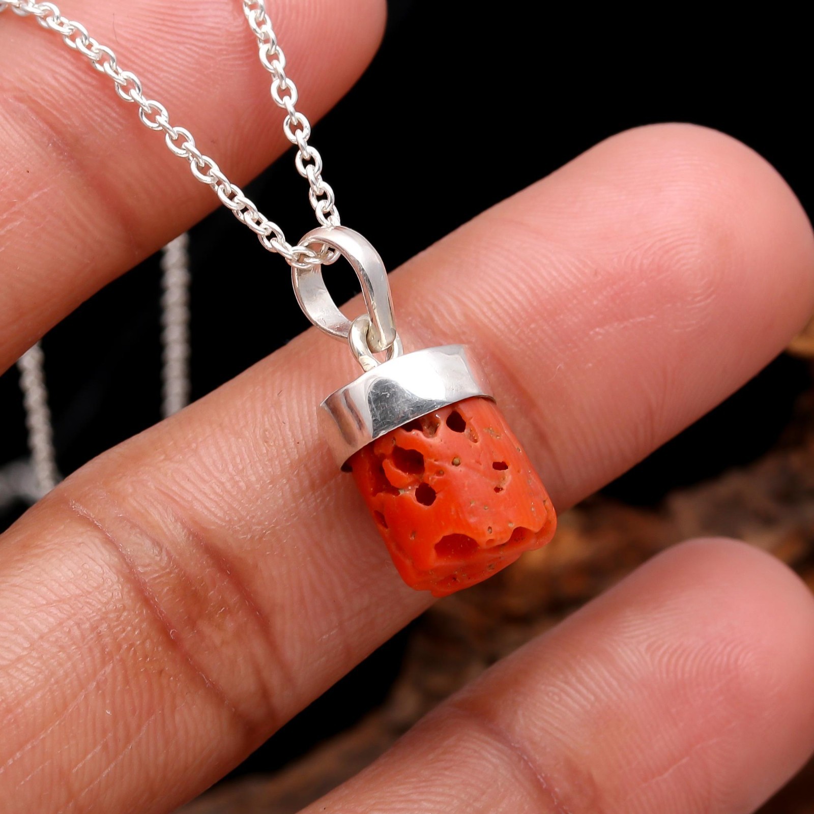 Natural Italian Red Coral Rough Chain Pendant 925Sterling Silver Vintage Jewelry