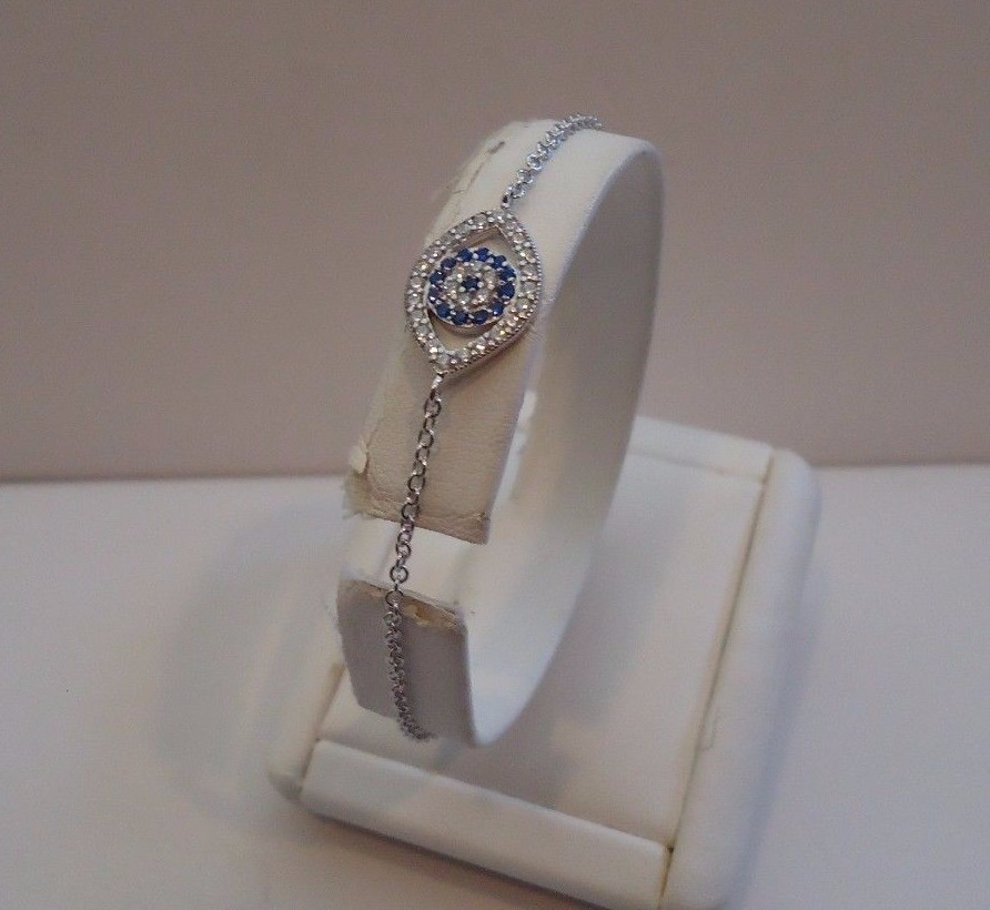 EVIL EYE CHAIN BRACELET LAB CREATED TANZANITE & DIAMONDS 925 STERLING SILVER