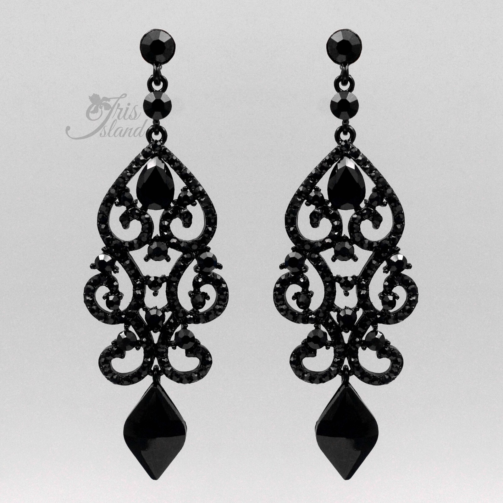 Chandelier Drop Dangle Earrings Black Jet Crystal Rhinestone Wedding Prom 07971