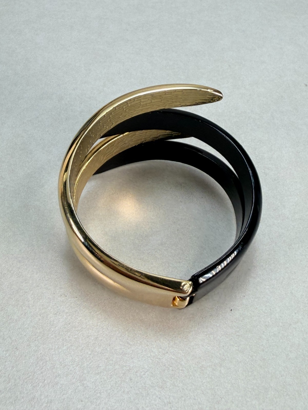 Bold Black Gold Tone Hinged Clamp Bracelet Modern Statement Cuff