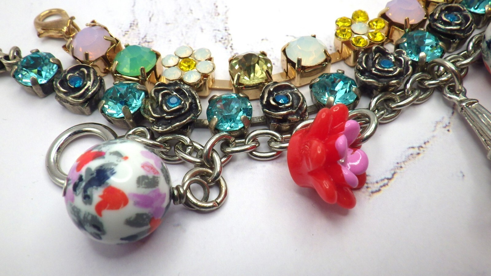 Set of 3 Bracelets Gymboree Charm Eiffel Tower Flowers Austrian Crystals Pastel