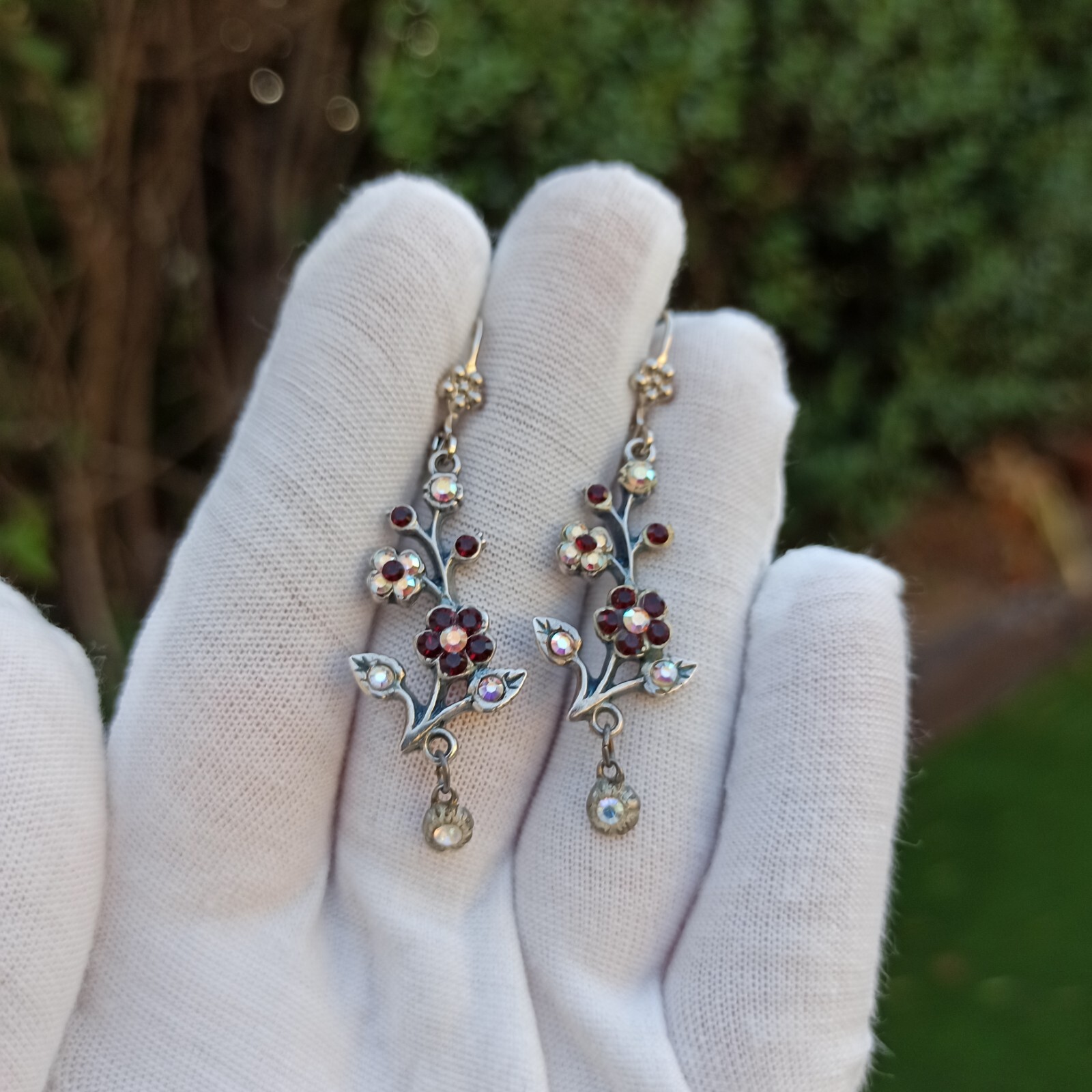 Michal Negrin Earrings Silver Aurora Borealis Red Crystals Long Flower Branch