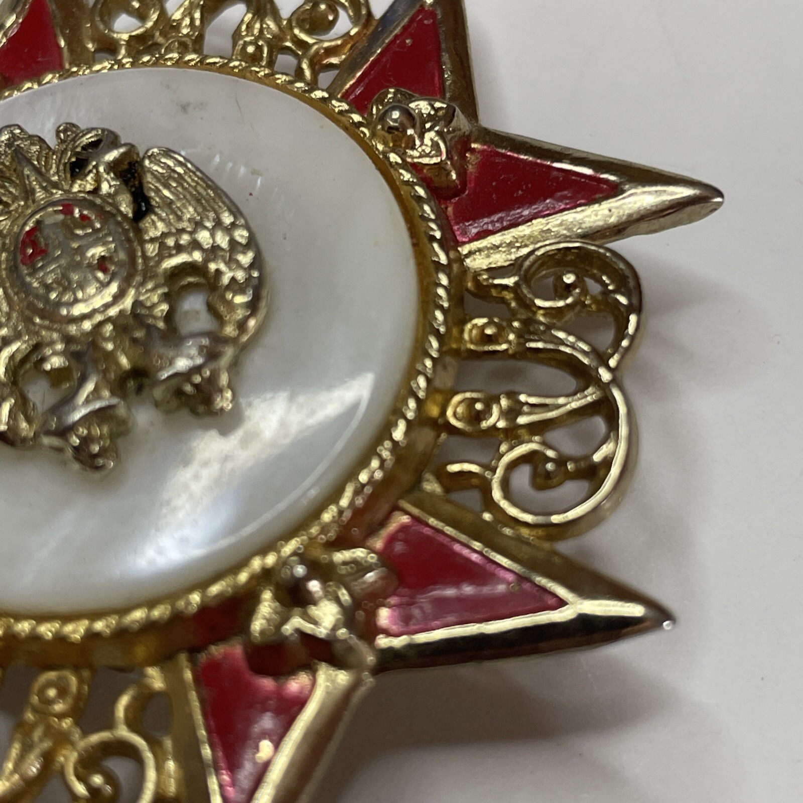 Coro Brooch Pin Mother of Pearl Double Eagle Crest Signed Vintage Army