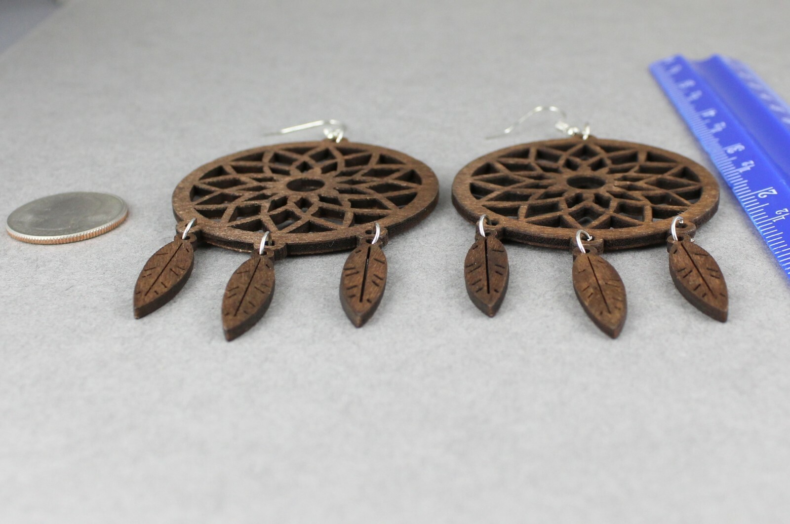Dark Brown wood dream catcher feather earrings big lightweight leaf 4.25″ long