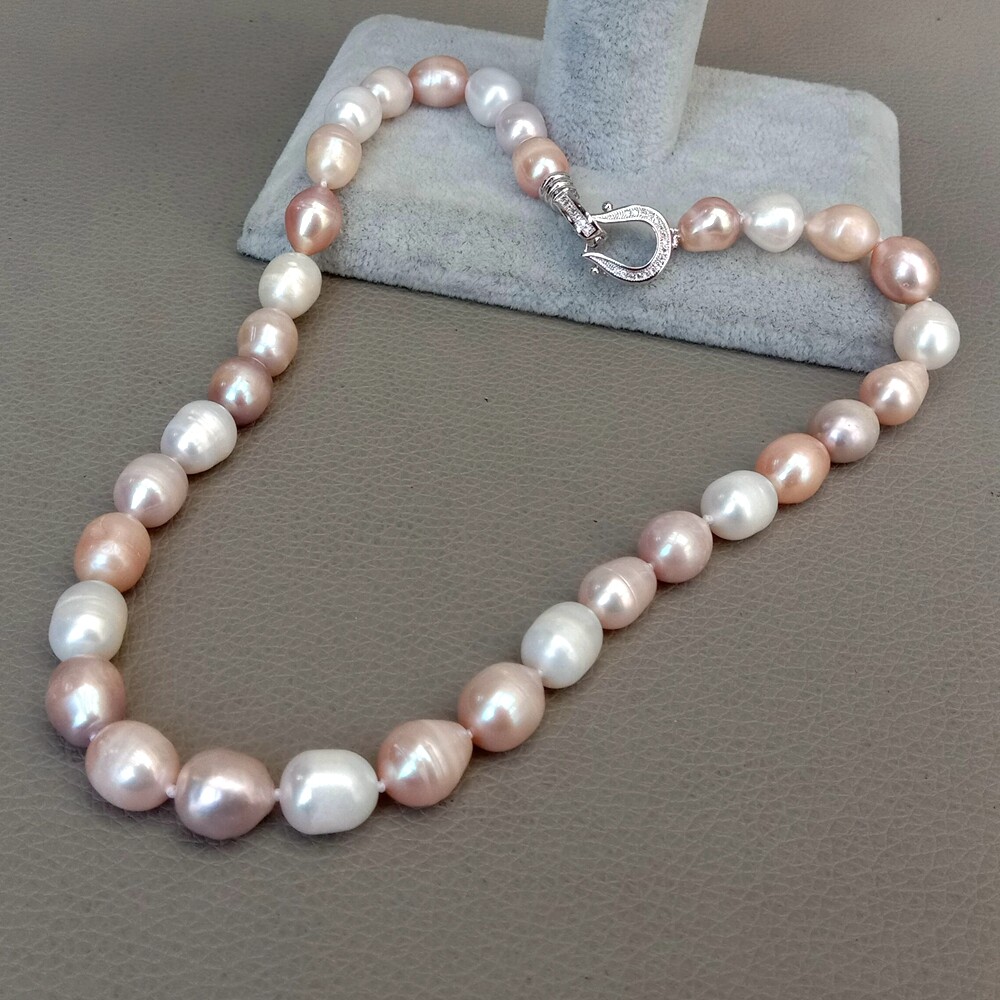 Freshwater Pearl Pink Purple White Rice Mixed Color Pearl Necklace For Women 17″