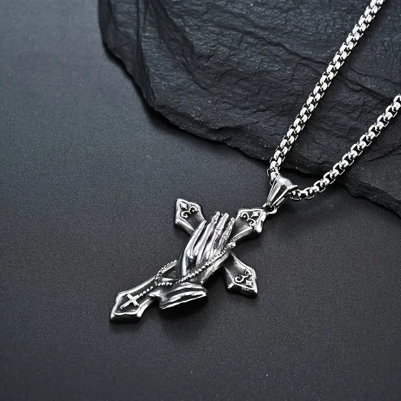 Praying Hands Cross Pendant Necklace Chain Faith Gift Mens Stainless Steel 24″