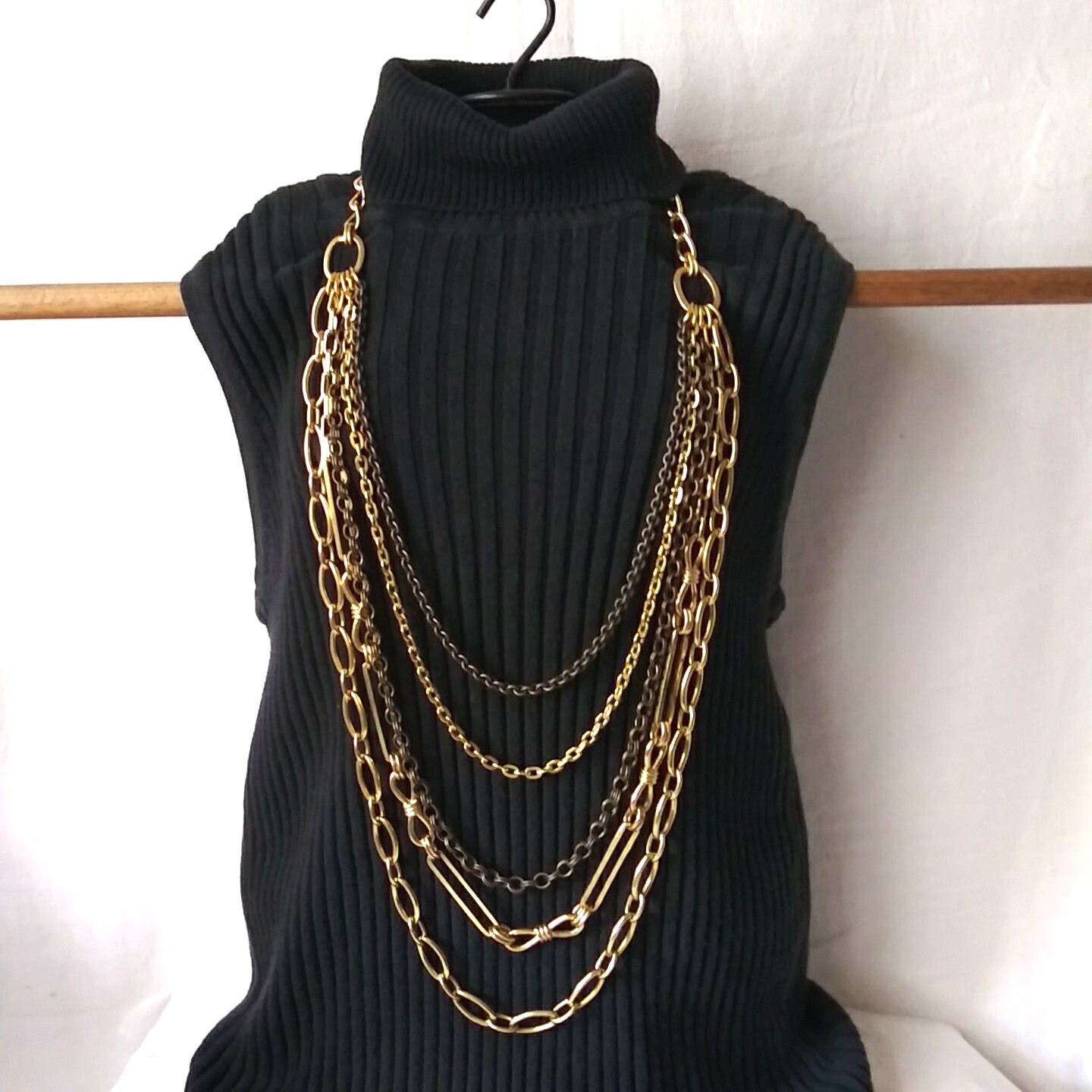 Heavy Gold Tone Multiple 5 Strand Layered Chain Statement Necklace Signed WORTH
