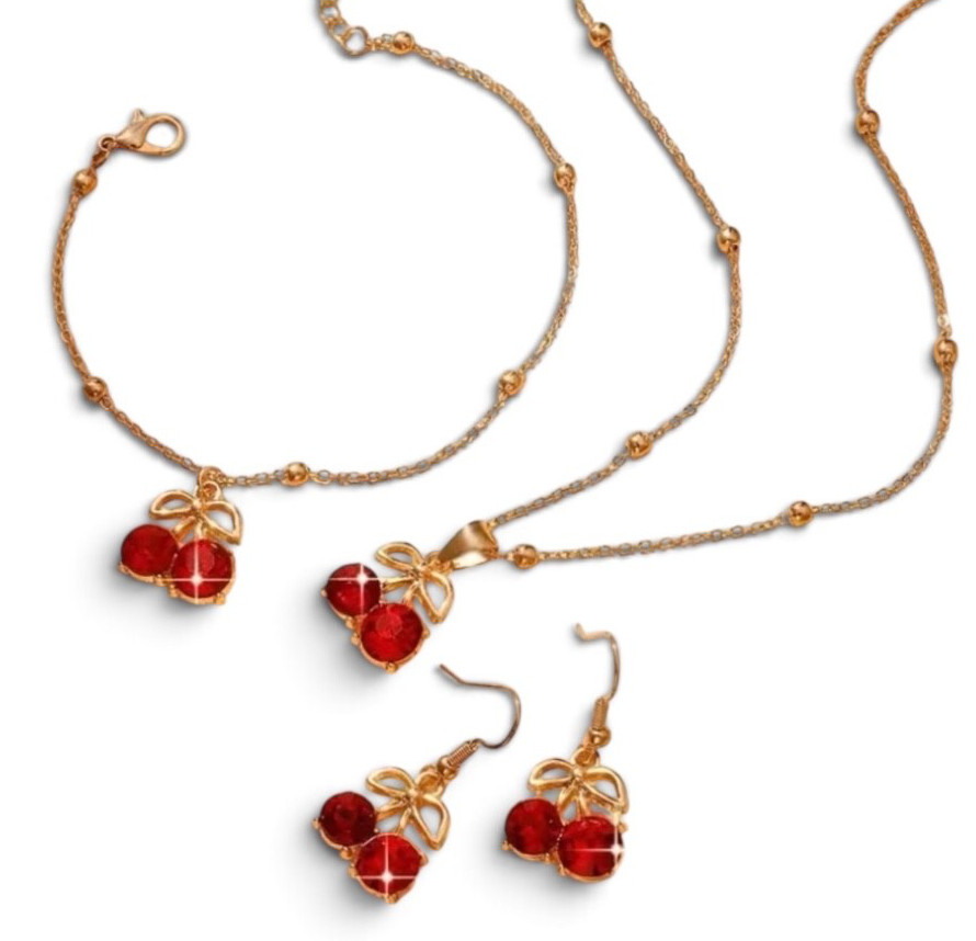 4pc Red Cherry Jewelry Set Stainless Steel Necklace Earrings Bracelet Ring y15
