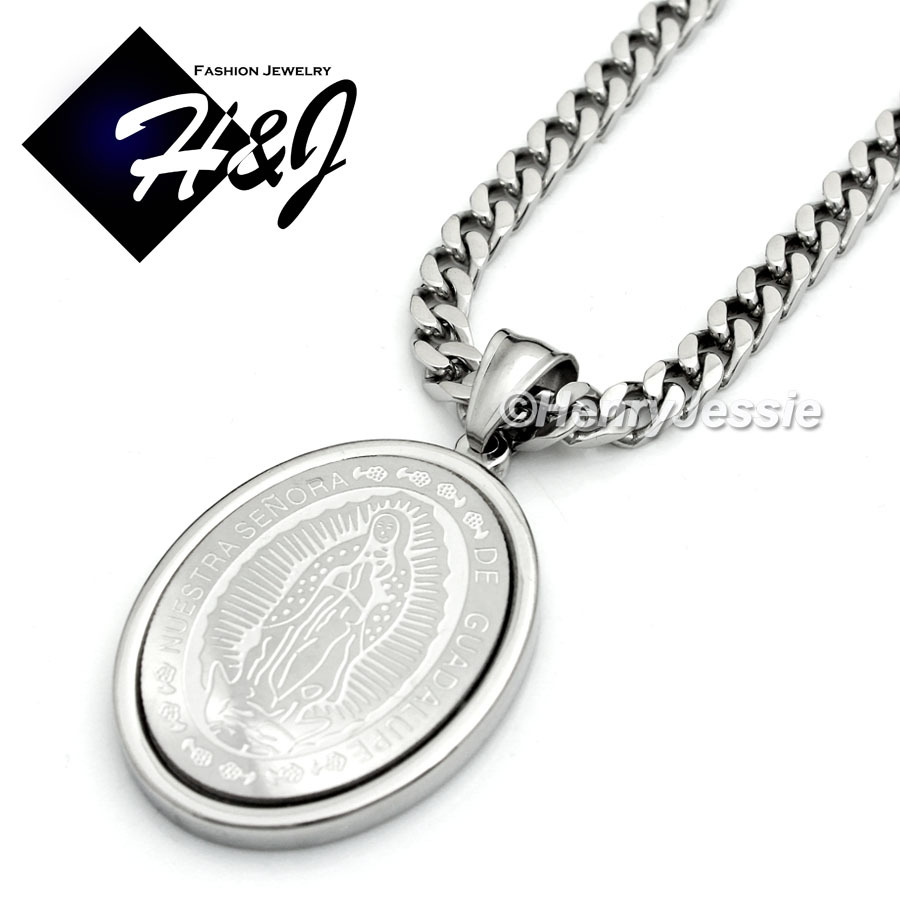 24″MEN Stainless Steel 5mm Silver Cuban Curb Necklace VIRGIN MARY Pendant*SP26