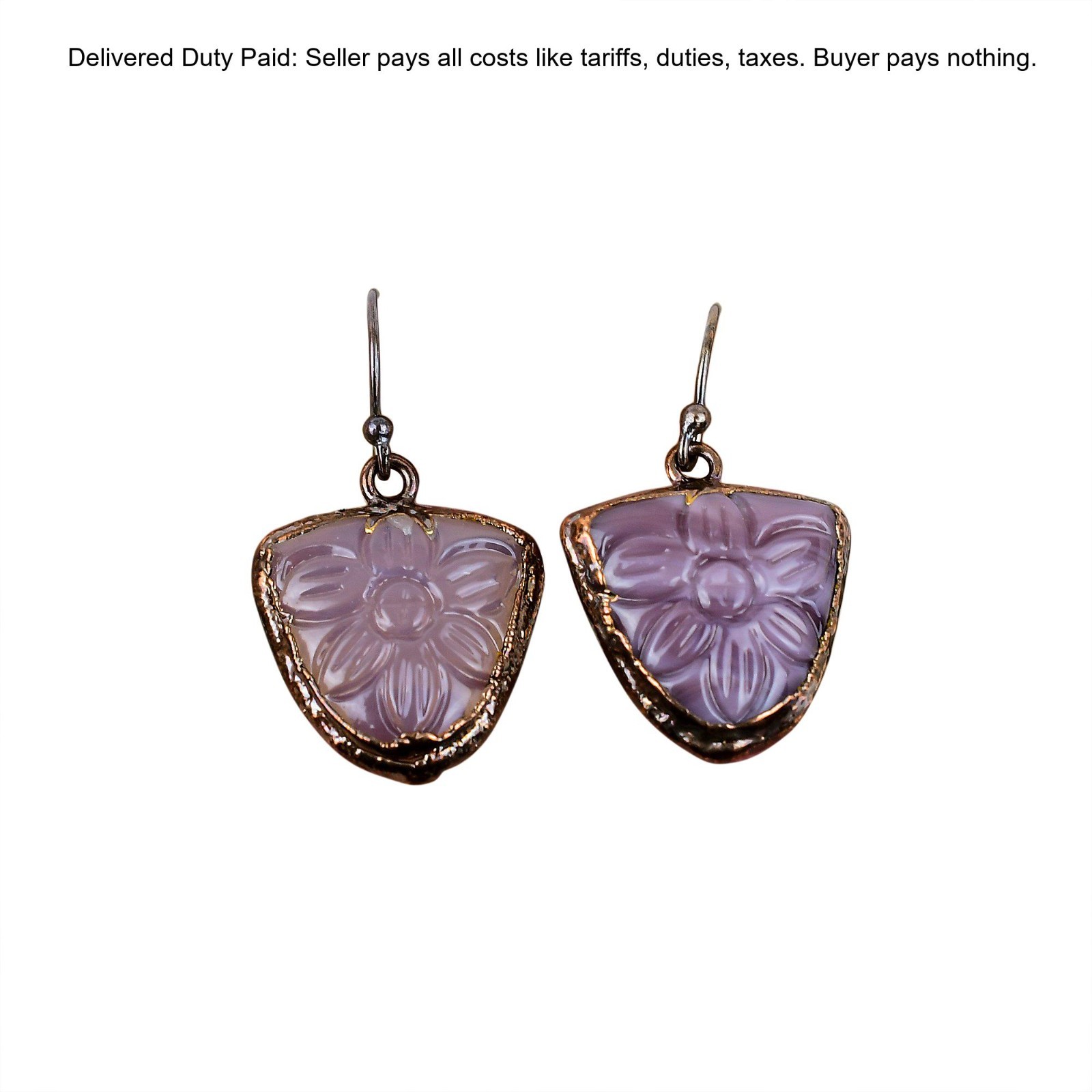 Carved African Amethyst Gemstone Electroformed Dangle Earrings Jewelry Copper