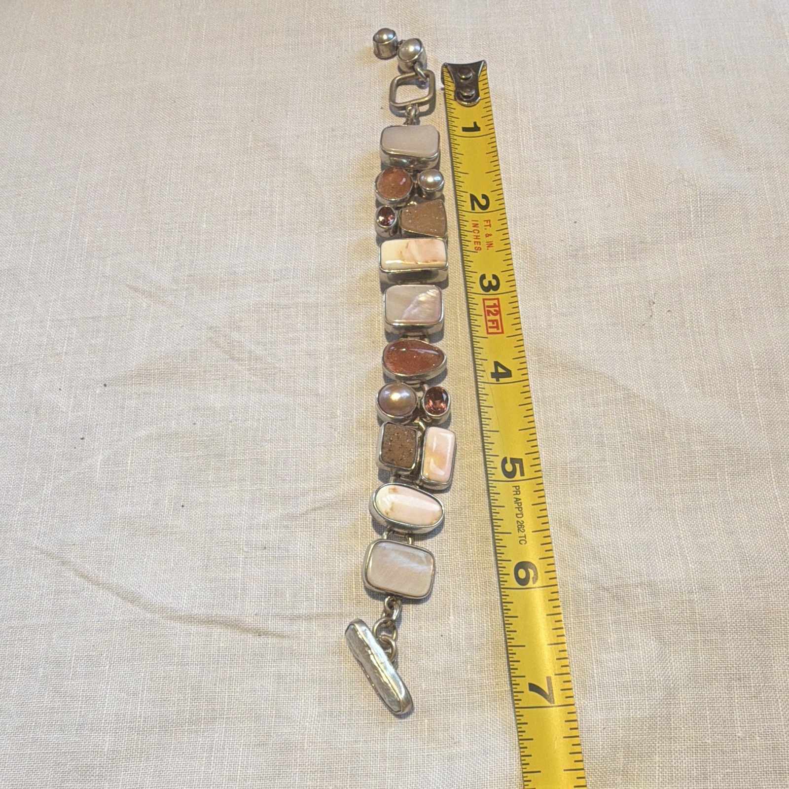 Echo of The Dreamer Signed Shell Cabochon Pearl Link Bracelet Toggle 7 in Silver