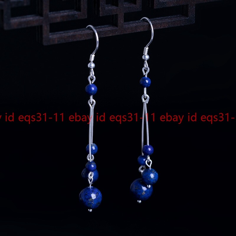 4-6-10mm Natural Lapis Lazuli Round Gems Beads Dangle Silver Hook Earrings