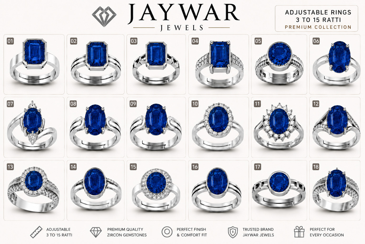 💎 JAYWAR Blue Sapphire Ring Adjustable Panchdhatu Silver Plated Unisex