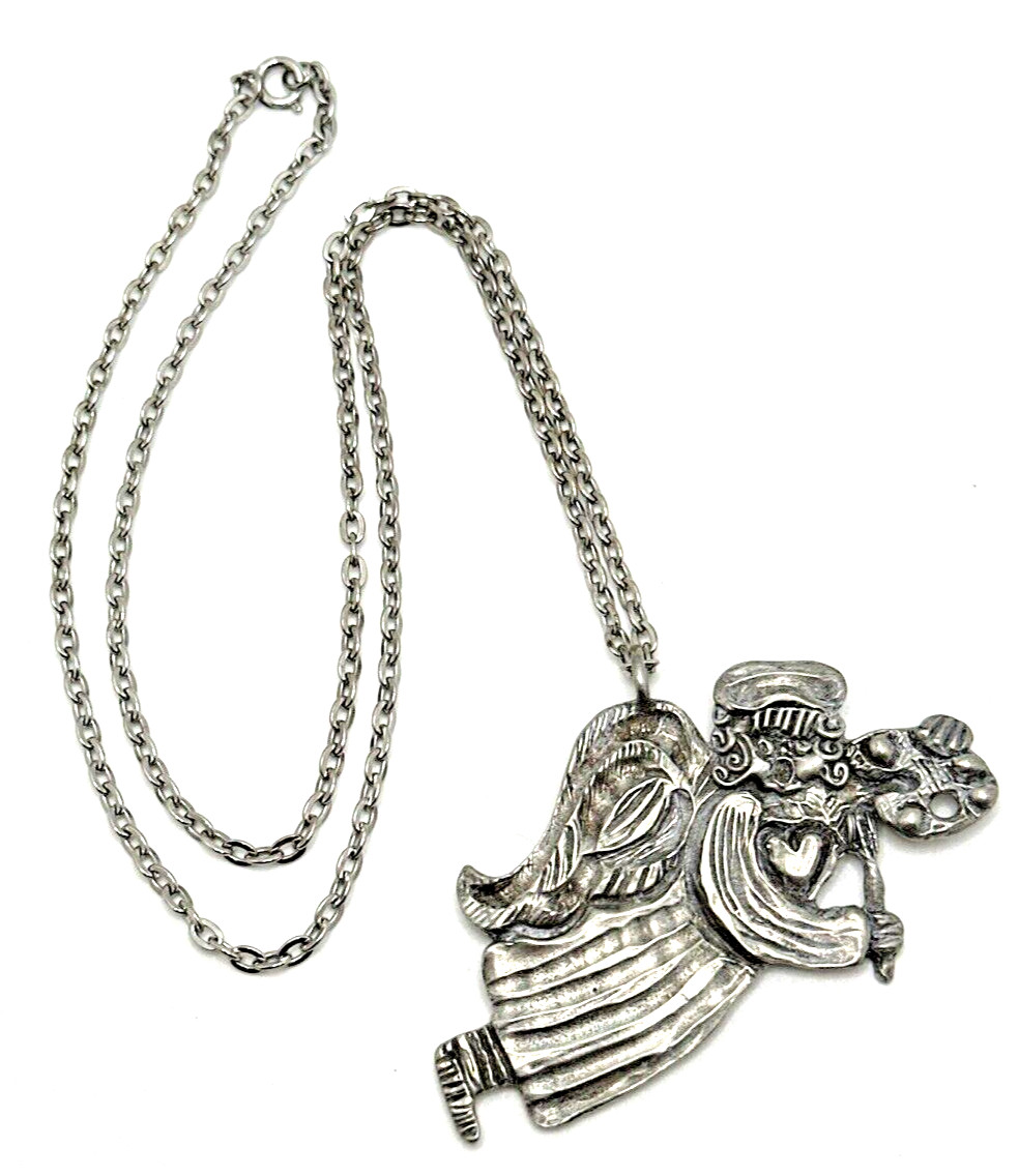 Vintage MARCIE USA Pewter Angel Pendant Necklace Artist Painting Art Palette 24″
