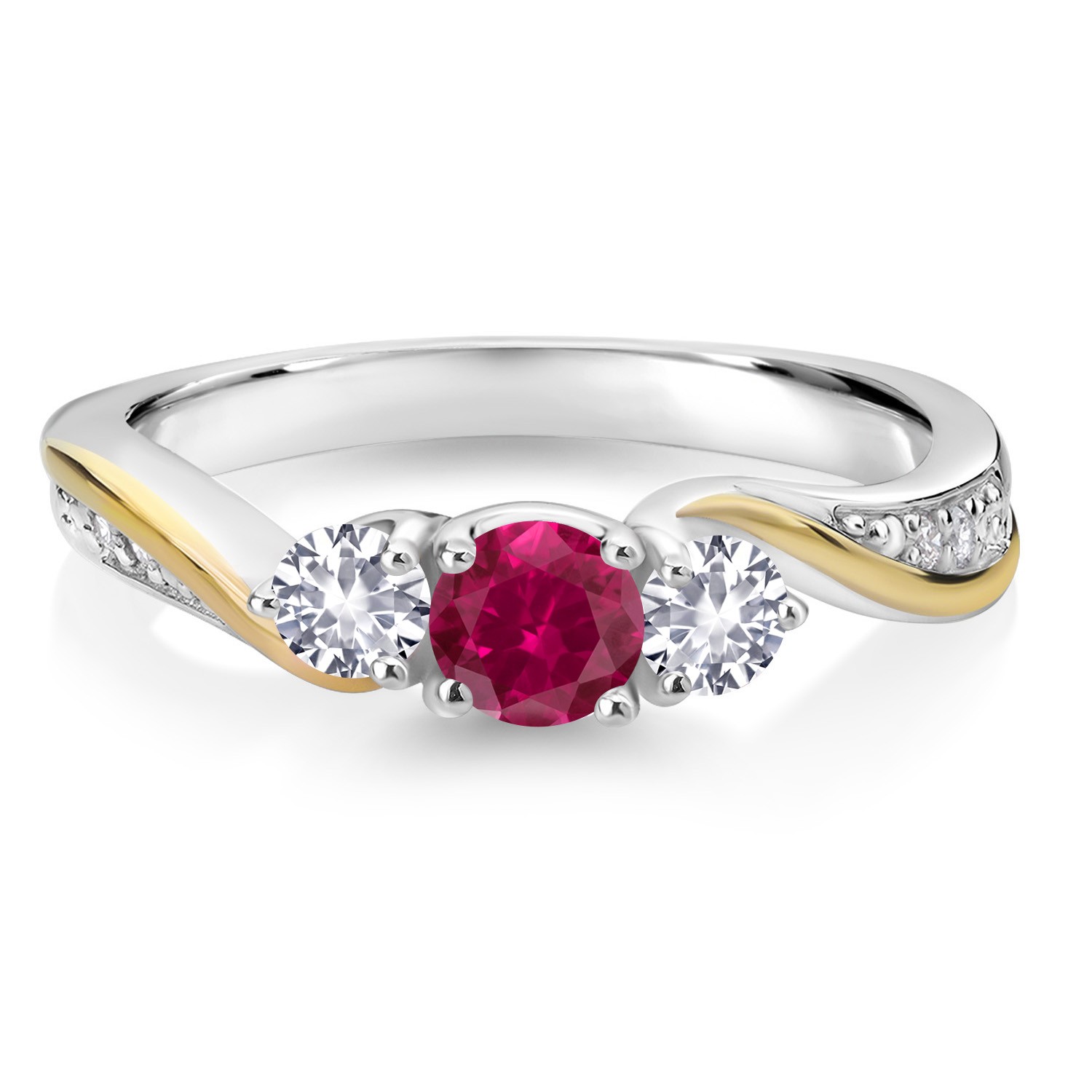 925 Silver and 10K Yellow Gold Created Ruby White Created Sapphire and White