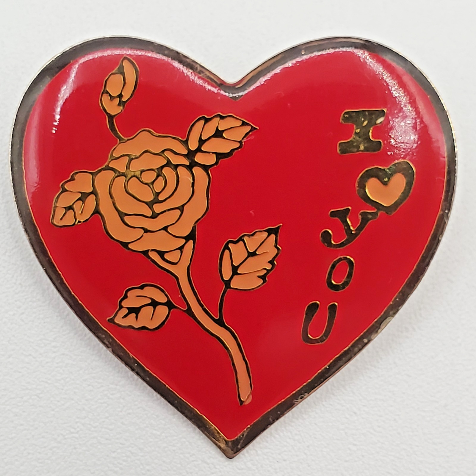 I Heart You Rose Pin 1.25in Red Gold Tone Enamel I Love You VTG Estate Brooch