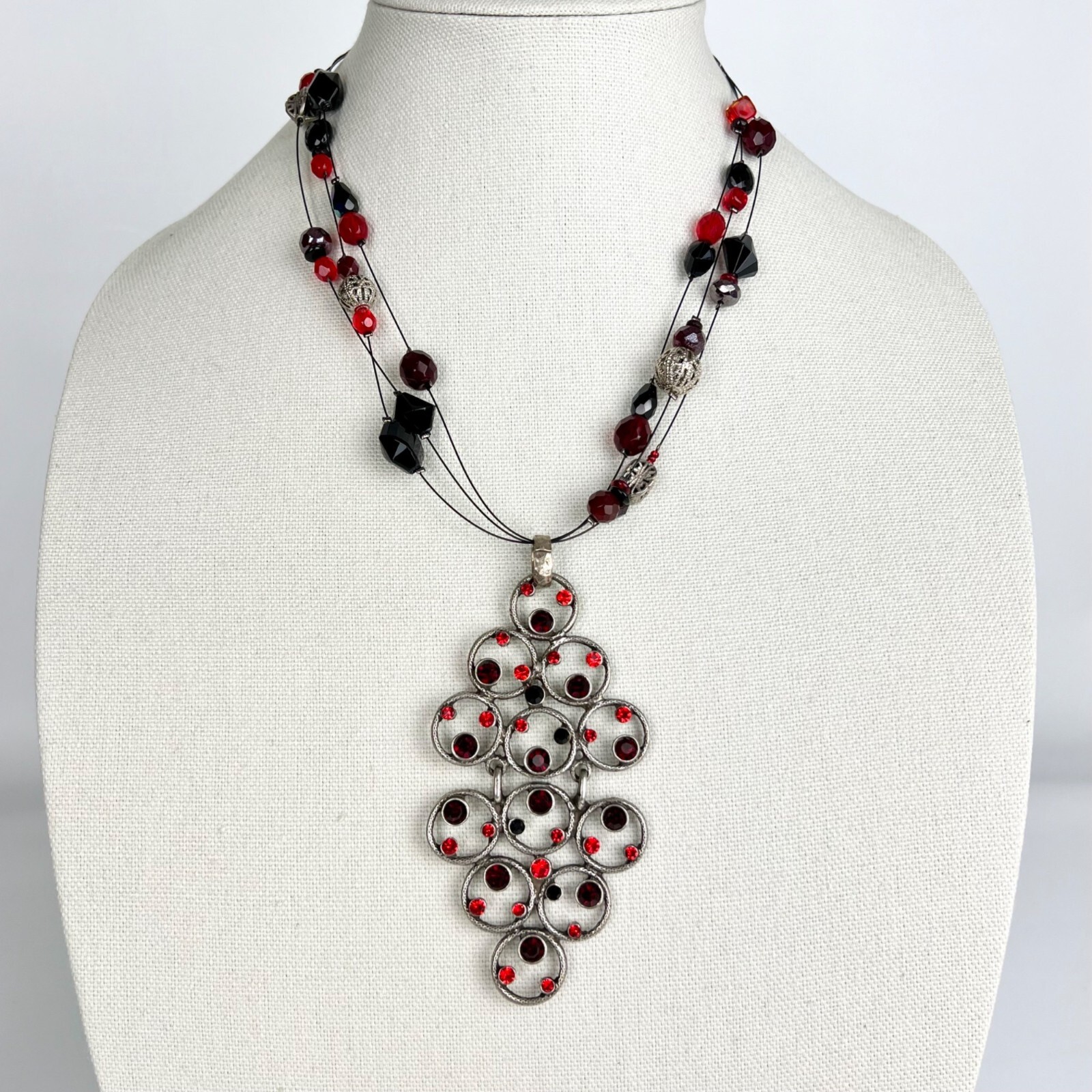 Chicos Antique Silver Red Black Pendant Necklace Earrings Matching Set