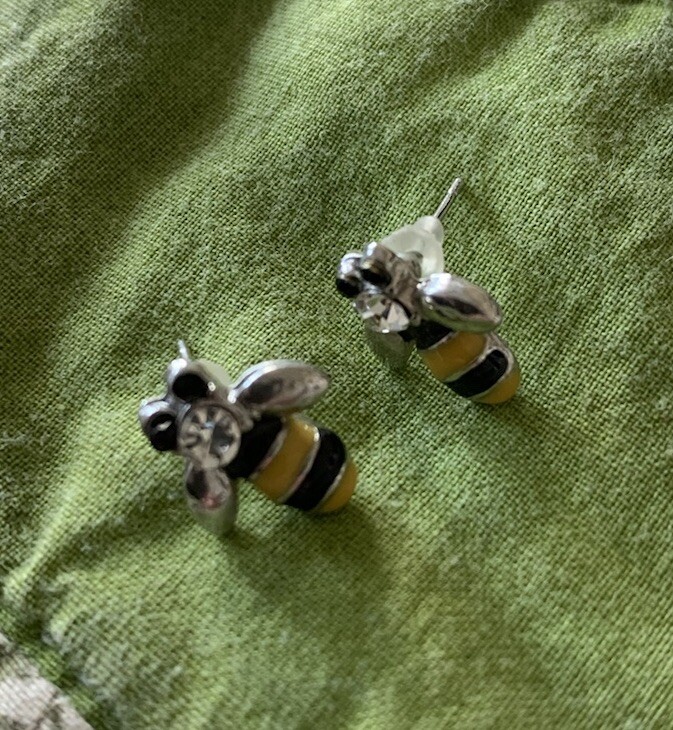 Small Black And Yellow Enamel Bee Post Earrings With Crystal Rhinestones