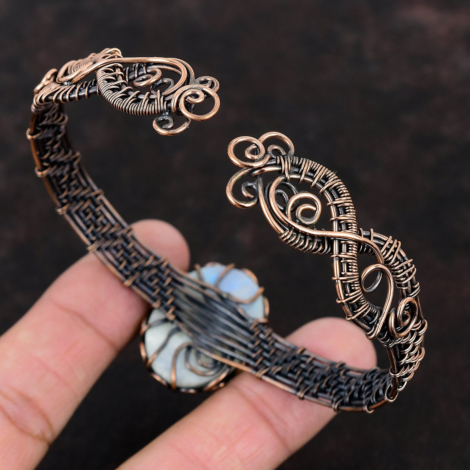 Rainbow Moonstone Wire Wrapped Adjustable Bangle Handcrafted Copper Gift