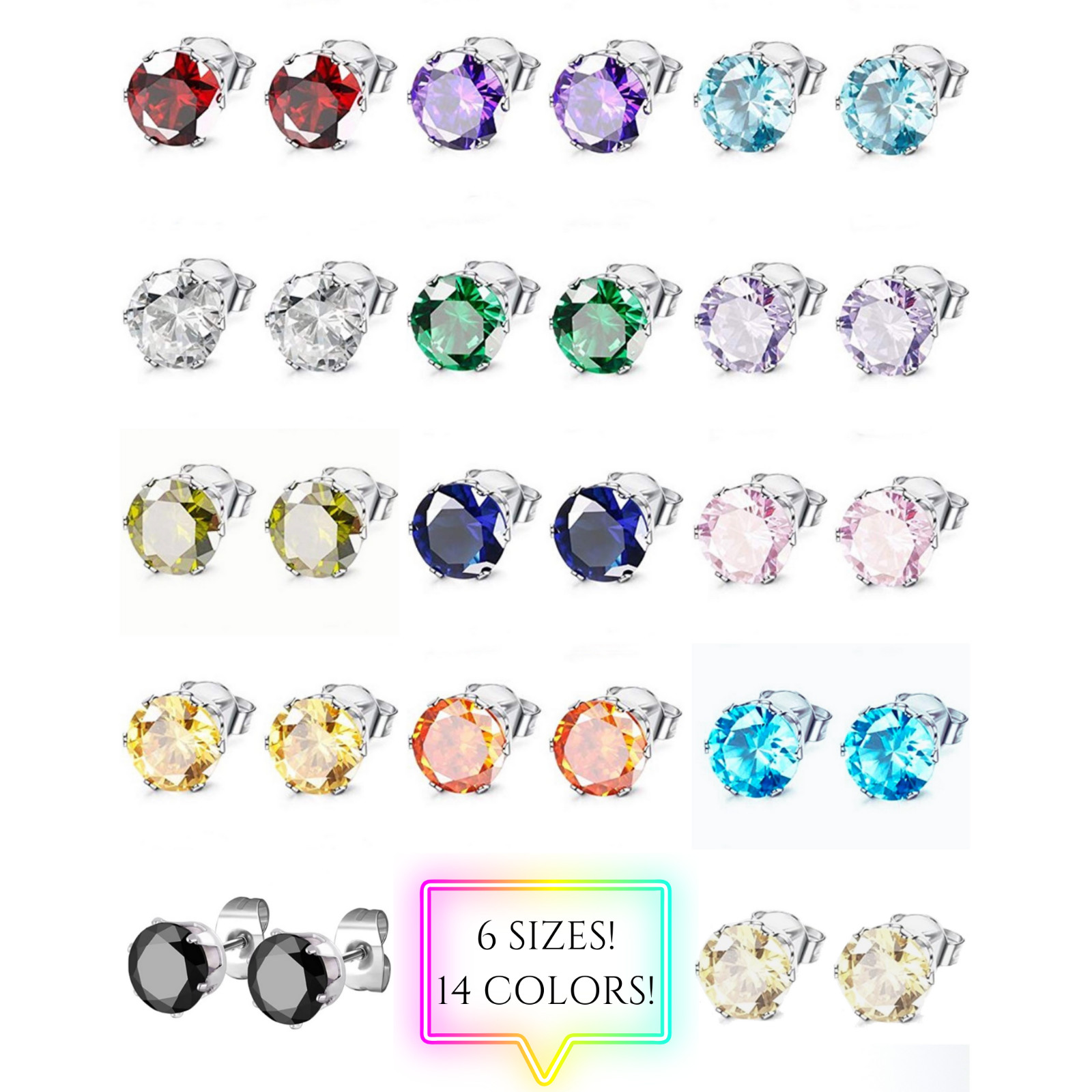 CZ Birthstone Stud Earrings, 3/4/5/6/7/8mm, Hypoallergenic Stainless Steel 316L