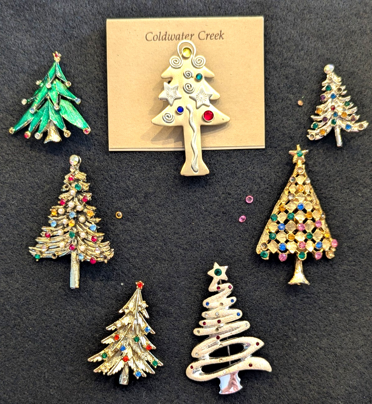 Christmas Tree Lot of 7 Vintage New Pin Brooch Repair As Is Missing Rhinestones