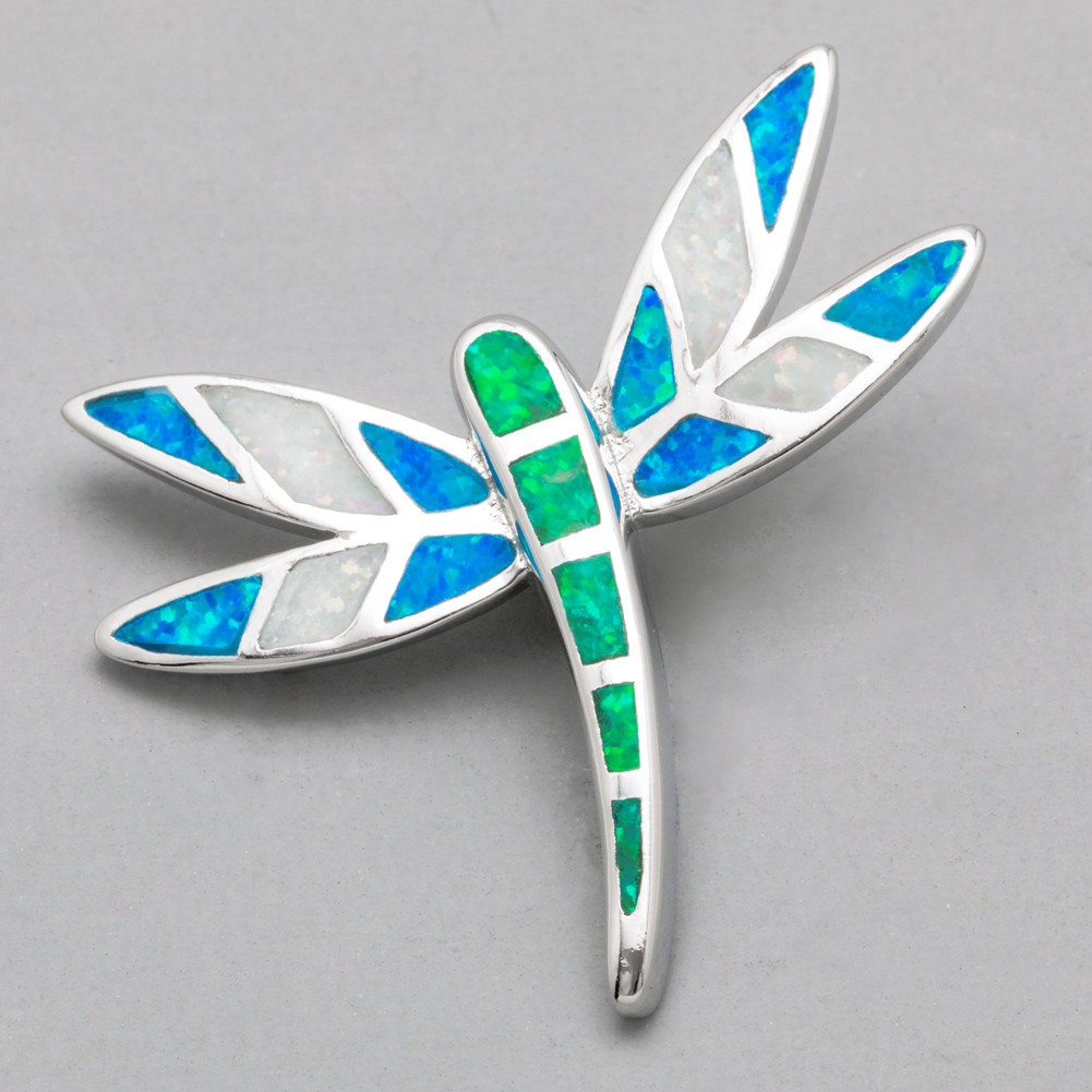 Dragonfly Green Blue White Fire Opal Mixed Silver Jewelry Necklace Pendant