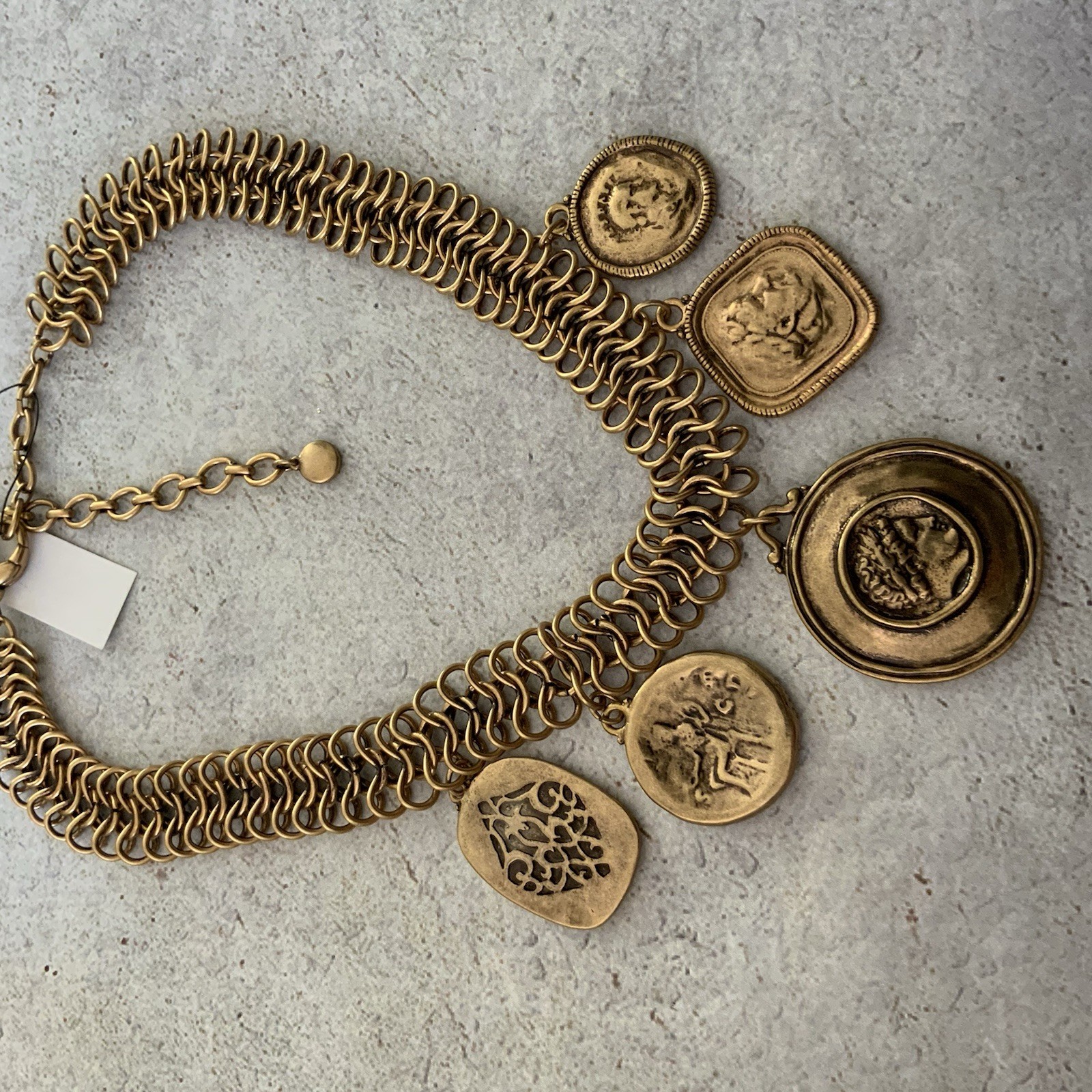 Chico’s Roman Coin Statement Necklace Antique Brass Medallion Charm Bib