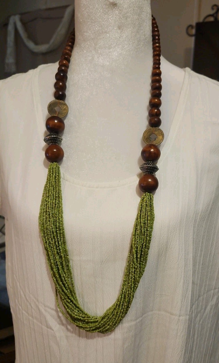 Beaded Long Necklace Statement Green Wood Red Beach Cruise Summer Party