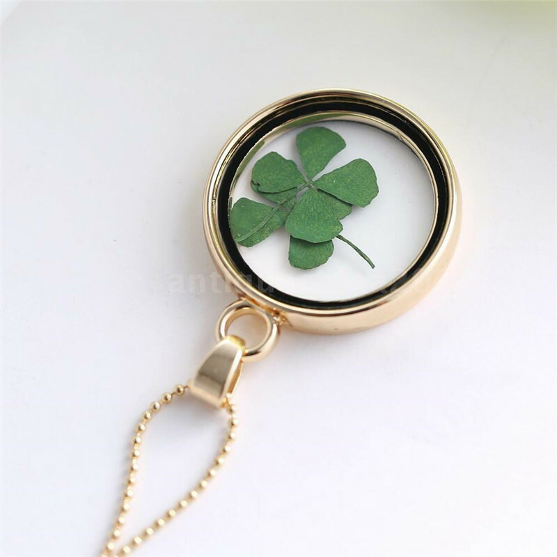 Natural Real Dried Clover Flower Clear Resin Locket Pendant Necklace Four-Leaf
