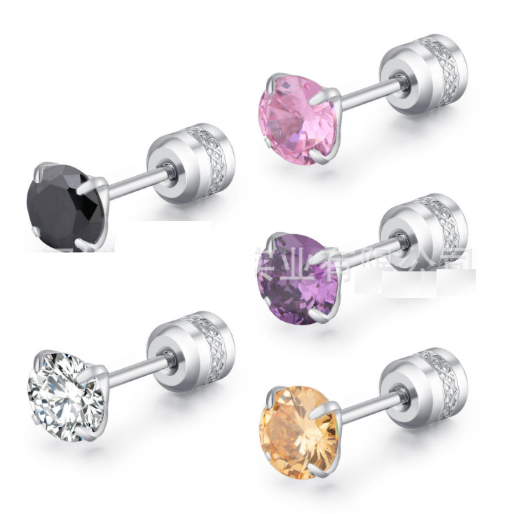 Silver Stainless Steel Round CZ Stud Earrings for Women Men Piercing Screw Back