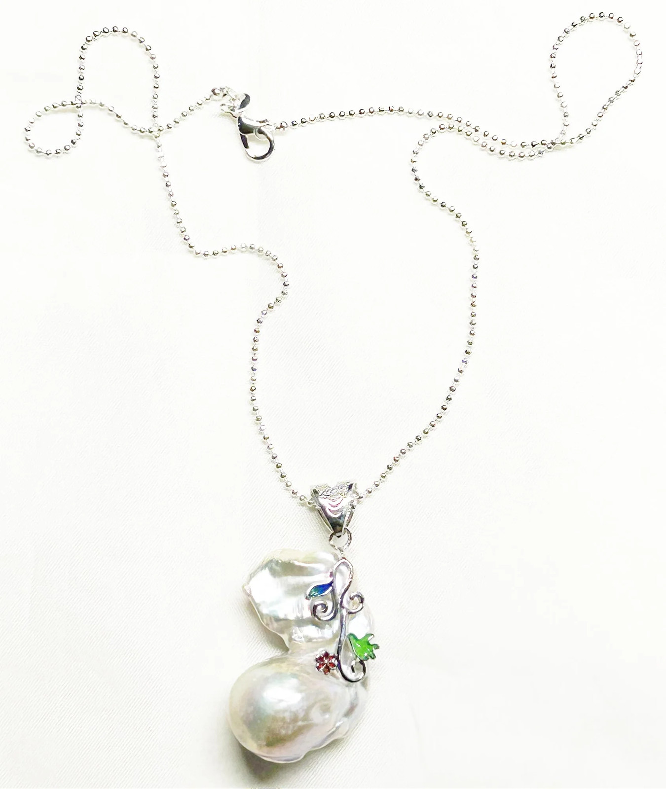 Sterling Silver & large baroque pearl pendant-wire wrapped on 18 inch brite cut