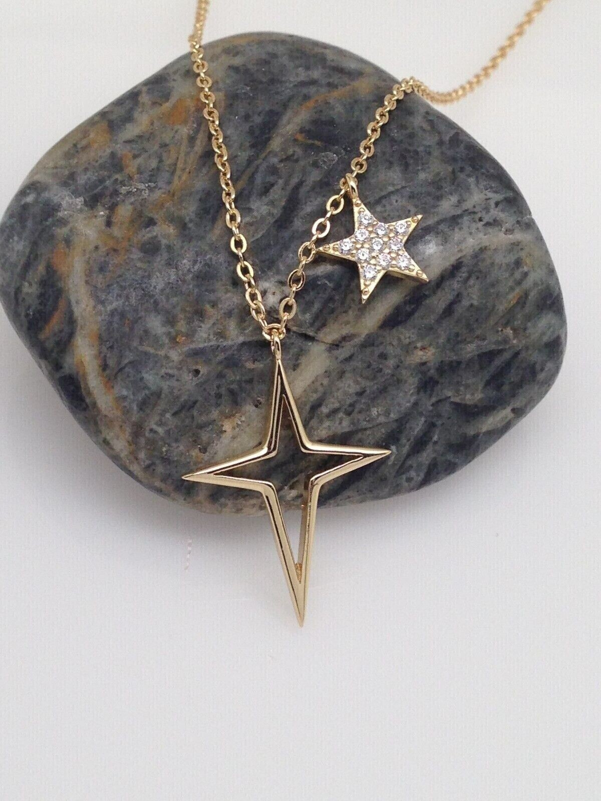 925 Sterling Silver Cz Star & North Star Pendant Charm Necklace Gold 7mm/19mm