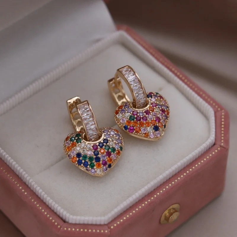 Betsey Johnson Stone Heart Dangle Earrings Rainbow Pave Stones Crystal Accents.