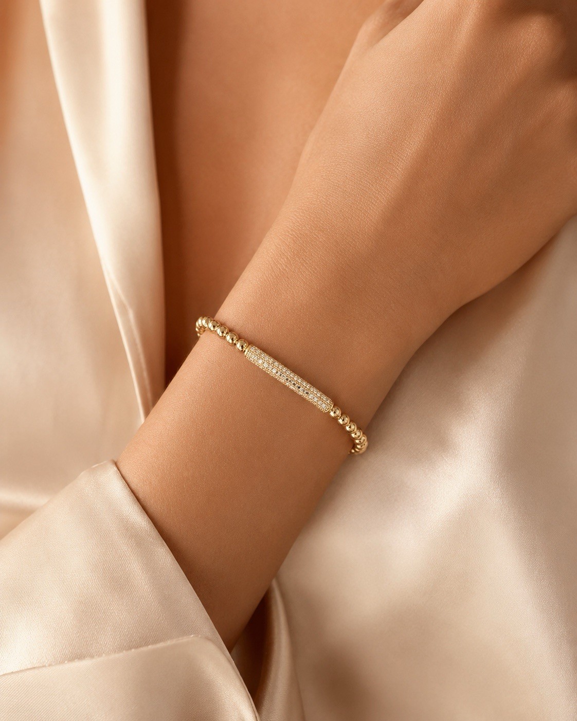 Gold Plated Beaded Pavé Bar Cuff Adjustable Bracelet