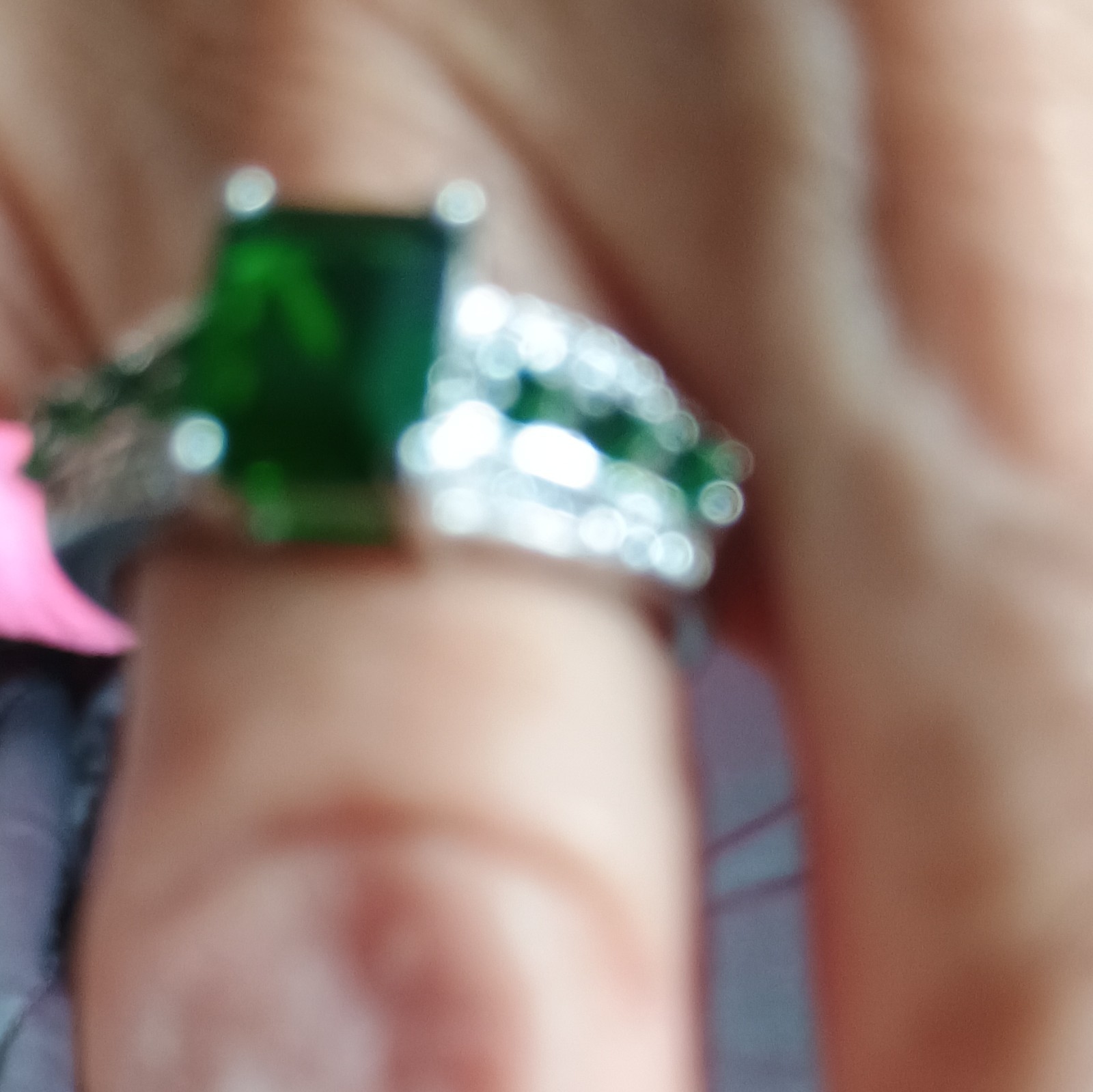 Silver Tone On 10Kt Cocktail Ring Size 8 with Green Emerald Stone, Prong Setting