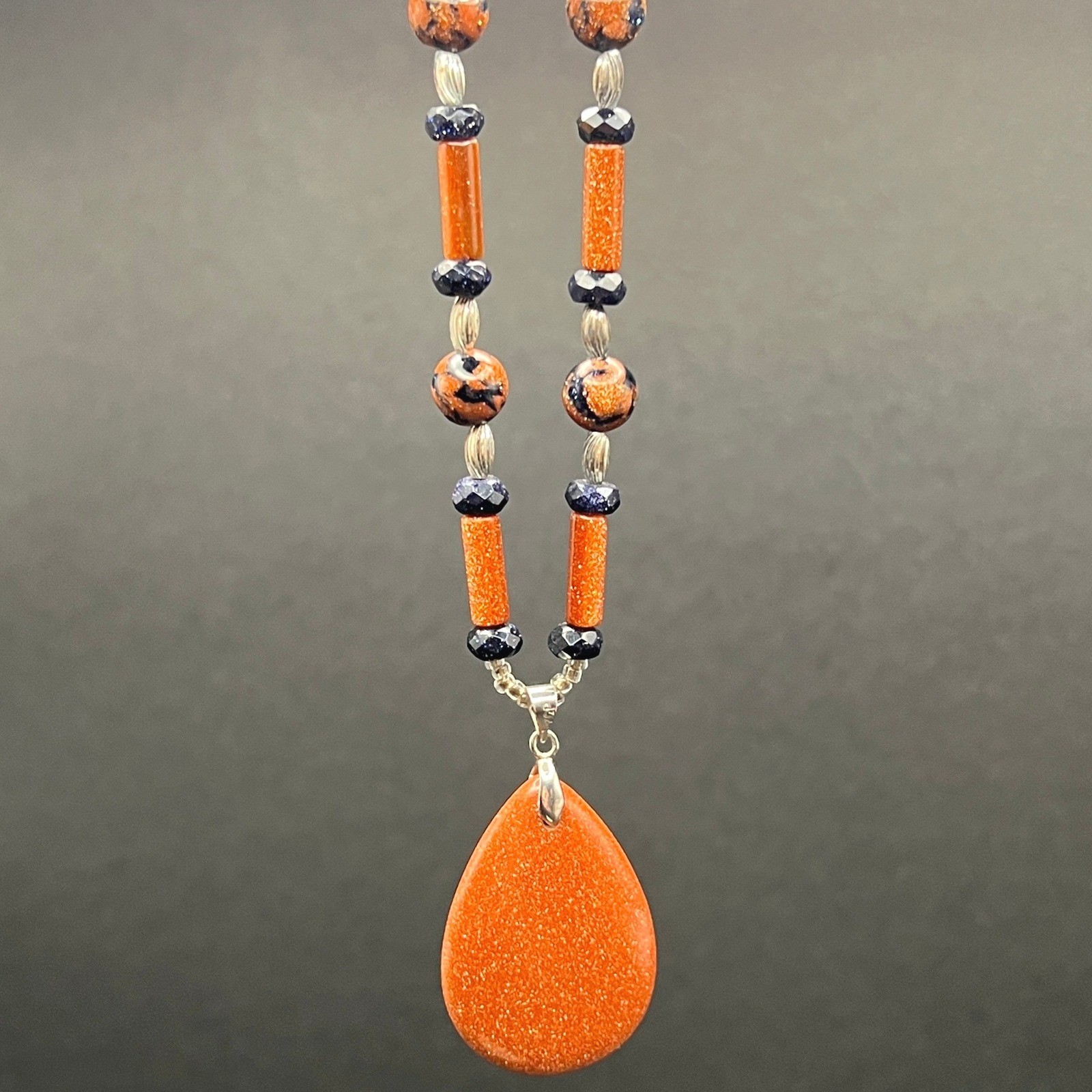 Goldstone Beaded Necklace Silver Tone Brown Blue Boho 24″