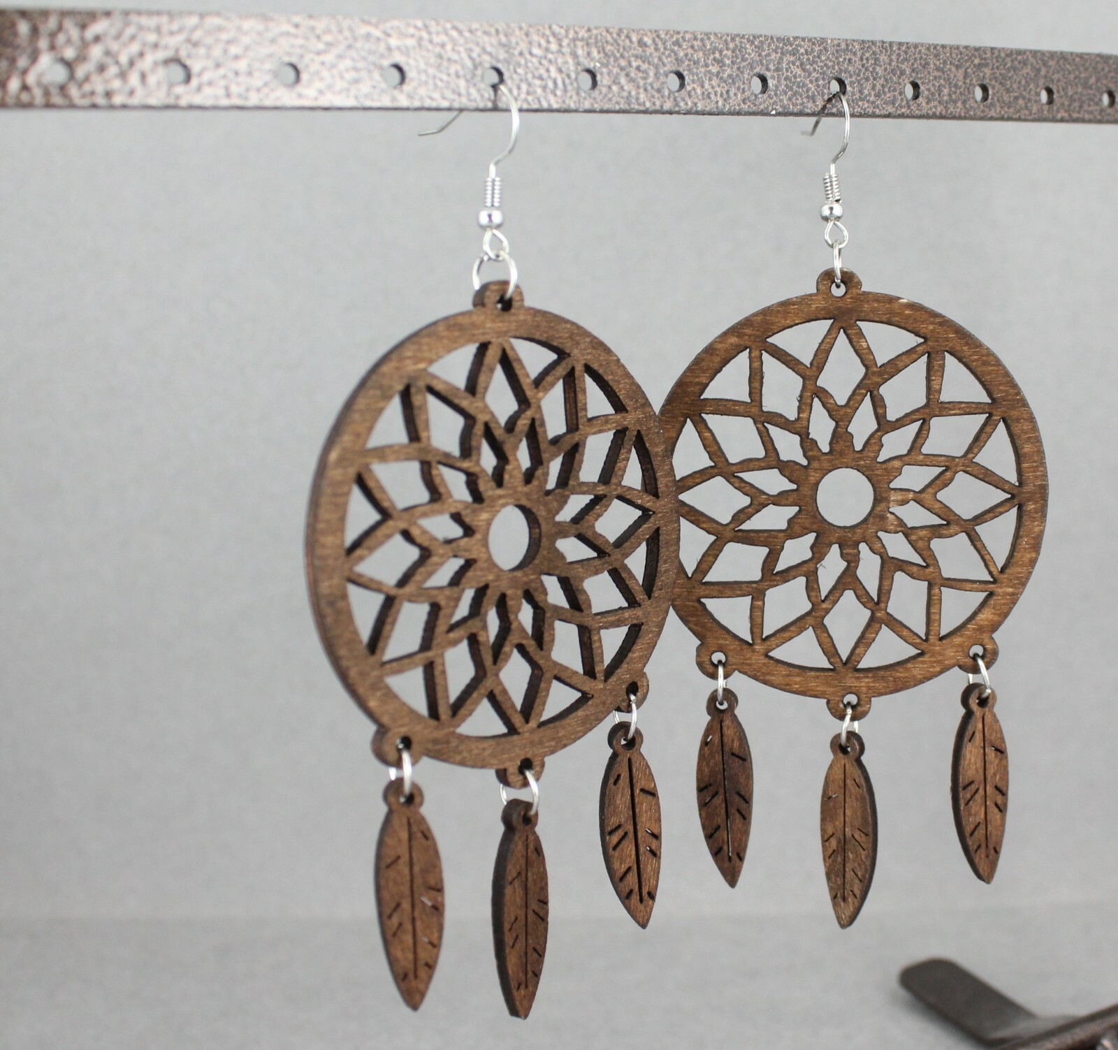 Dark Brown wood dream catcher feather earrings big lightweight leaf 4.25″ long