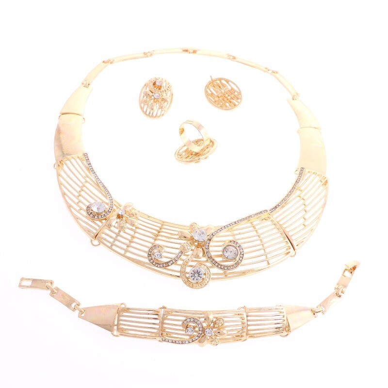 New Gold Plated Metal Choker Necklace Bracelet Earring Set HQX336-GLD