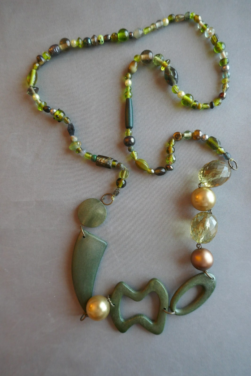 40″ Long Necklace Green Copper Gold Large Abstract Shapes Acrylic & Glass Beads