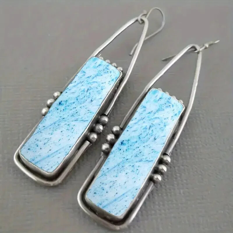 RETRO BOHO STYLE RECTANGLE CUT BLUE RESIN FLAKE MOSAIC DANGLE EARRINGS
