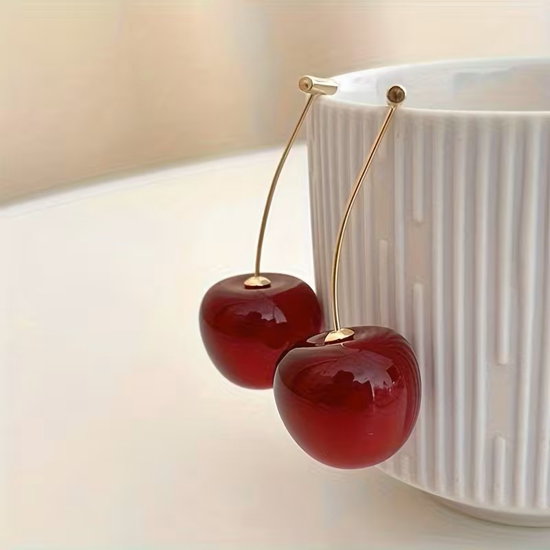 Sweet Red Cherry Dangle Earrings Cute Fruit Drop Statement Fashion Jewelry