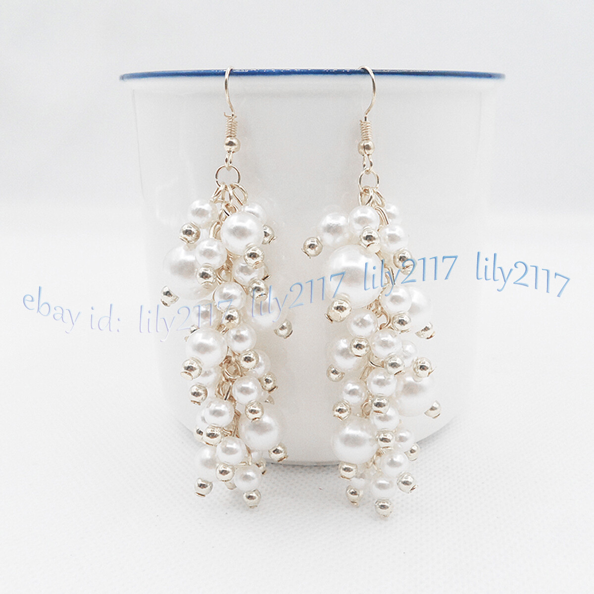 6-12mm South Sea White Shell Pearl Round Beads Grape Dangle Silver Hook Earrings