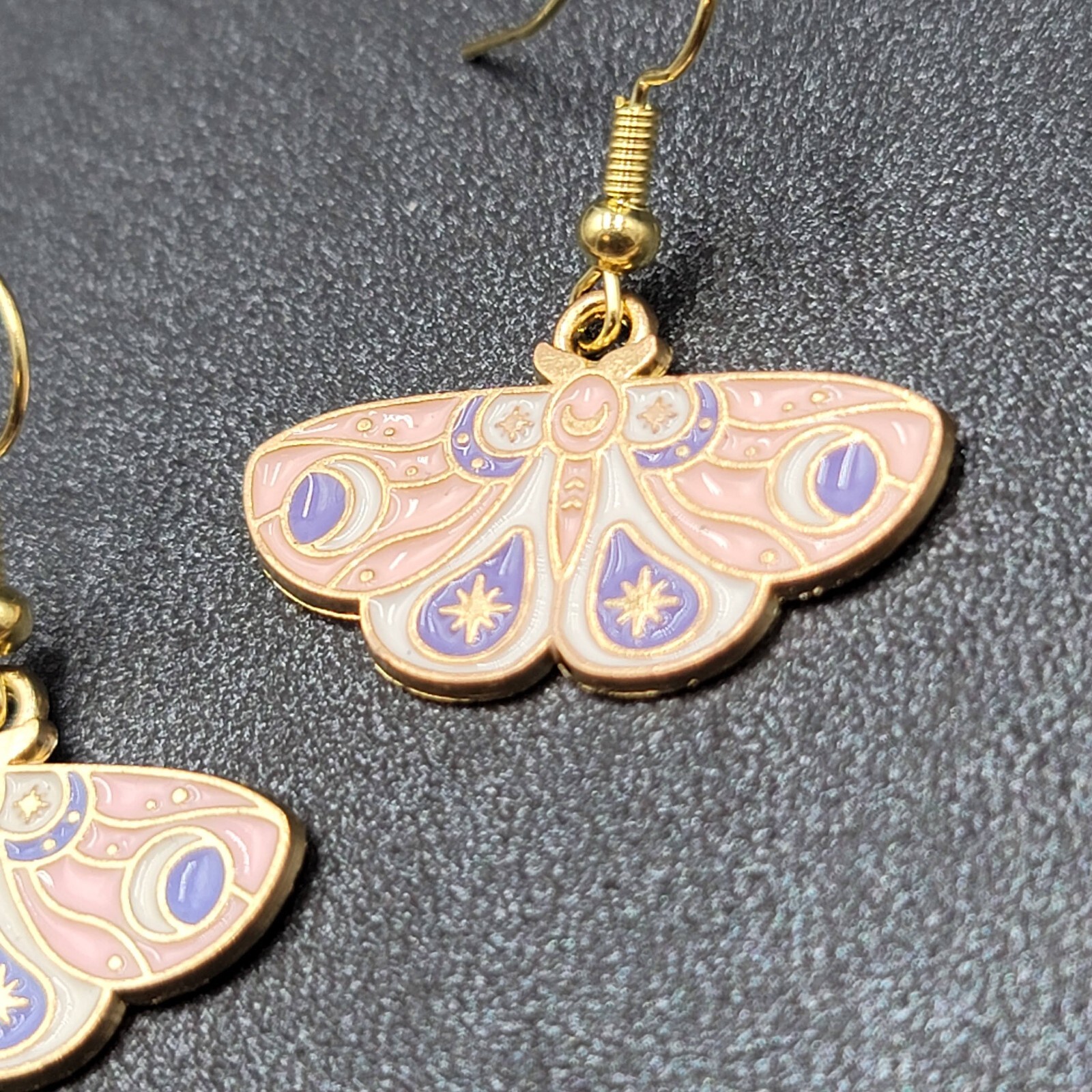 Moth Pierced Earrings Gold tone Pink Purple White Enamel Dangle 5/8″