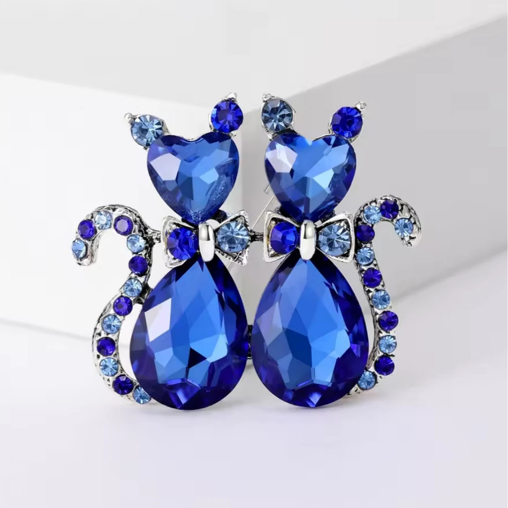 Vintage Style Crystal Cat Couple Brooch Rhinestone Pin Silver Animal Jewelry Gif