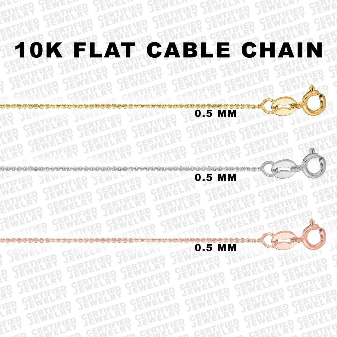 10K Solid Gold Diamond Cut Flat Cable Chain Necklace 0.5mm Yellow White Rose