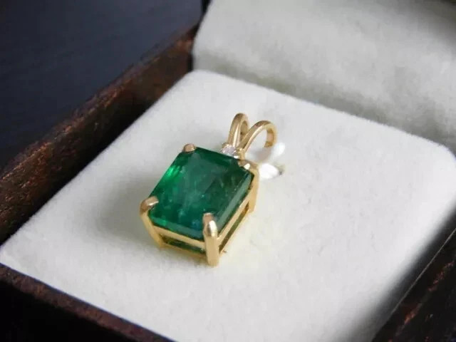 3Ct Emerald Cut Lab-Created Emerald Pendant Free Chain 14k Yellow Gold Plated