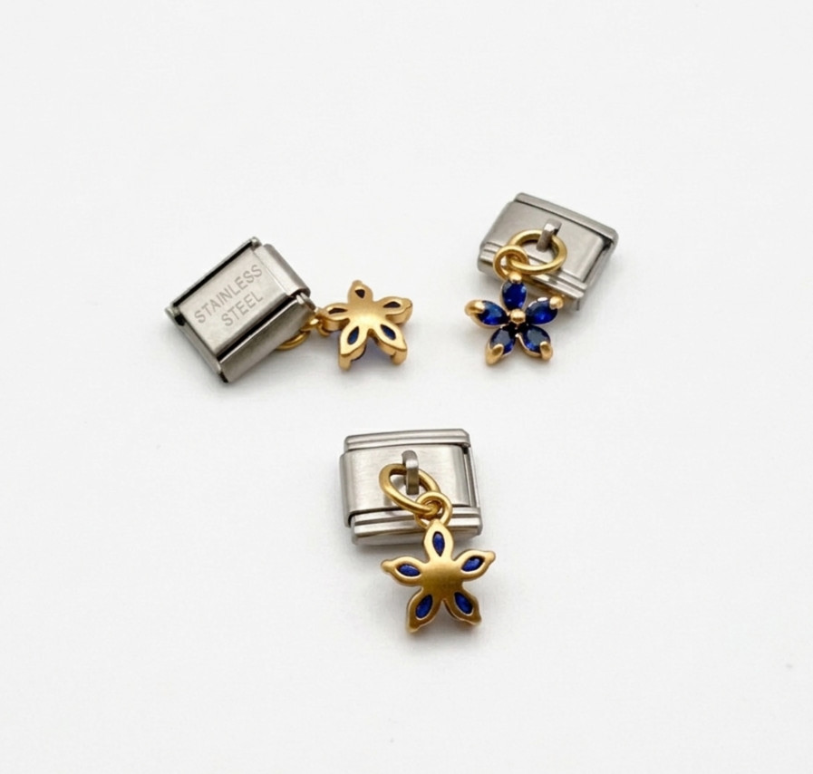 Blue Flower Dangle Italian Charm Link 9mm Nomination Style Bracelet Charm