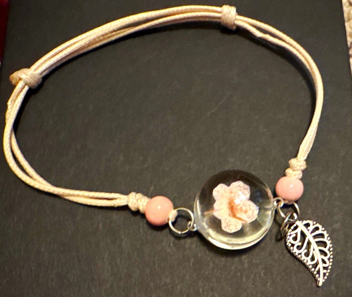 Adjustable Beige Cord Charm Bracelet w/ Pink Flower Resin Bead & Leaf Dangle
