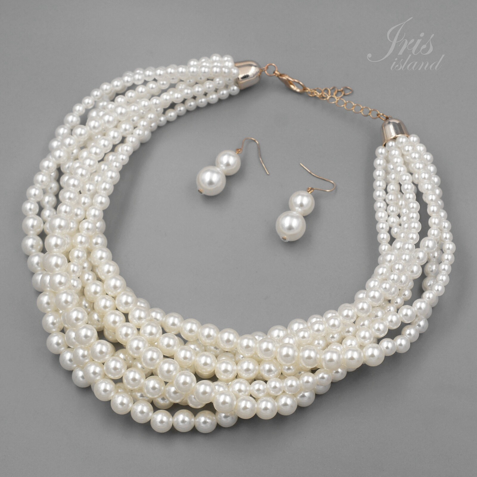White Glass Pearl Multi Layered Strand String Necklace Earrings Jewelry set 0090
