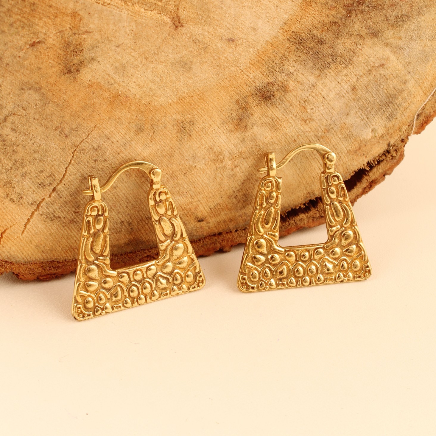 Gold Plating Geometric Hoop Earrings for Women Textured Tribal Earrings